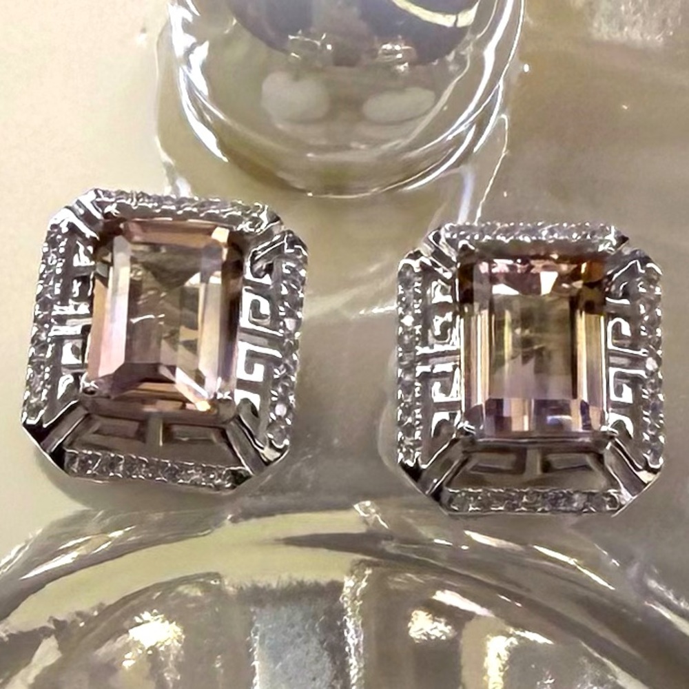 EAM11 3.4CT Natural PREMIUM QUALITY Bolivian Ametrine GREEK KEY Earrings S925